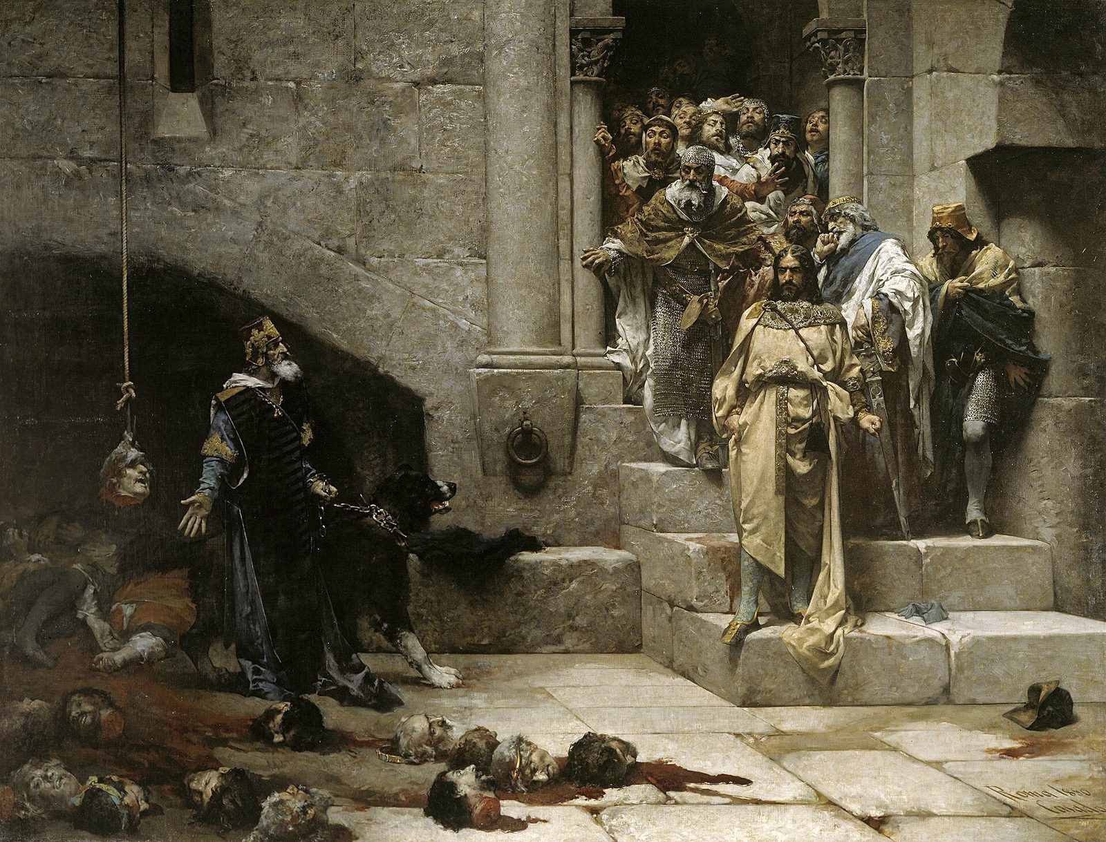 A large painting of a monk-king in black standing in a vaulted chamber, nobles crowding a stair to look on, severed heads laid in a ring on the floor.