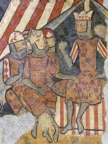A fragment of a medieval wall painting: a crowned king seated among knights with striped shields and banners.