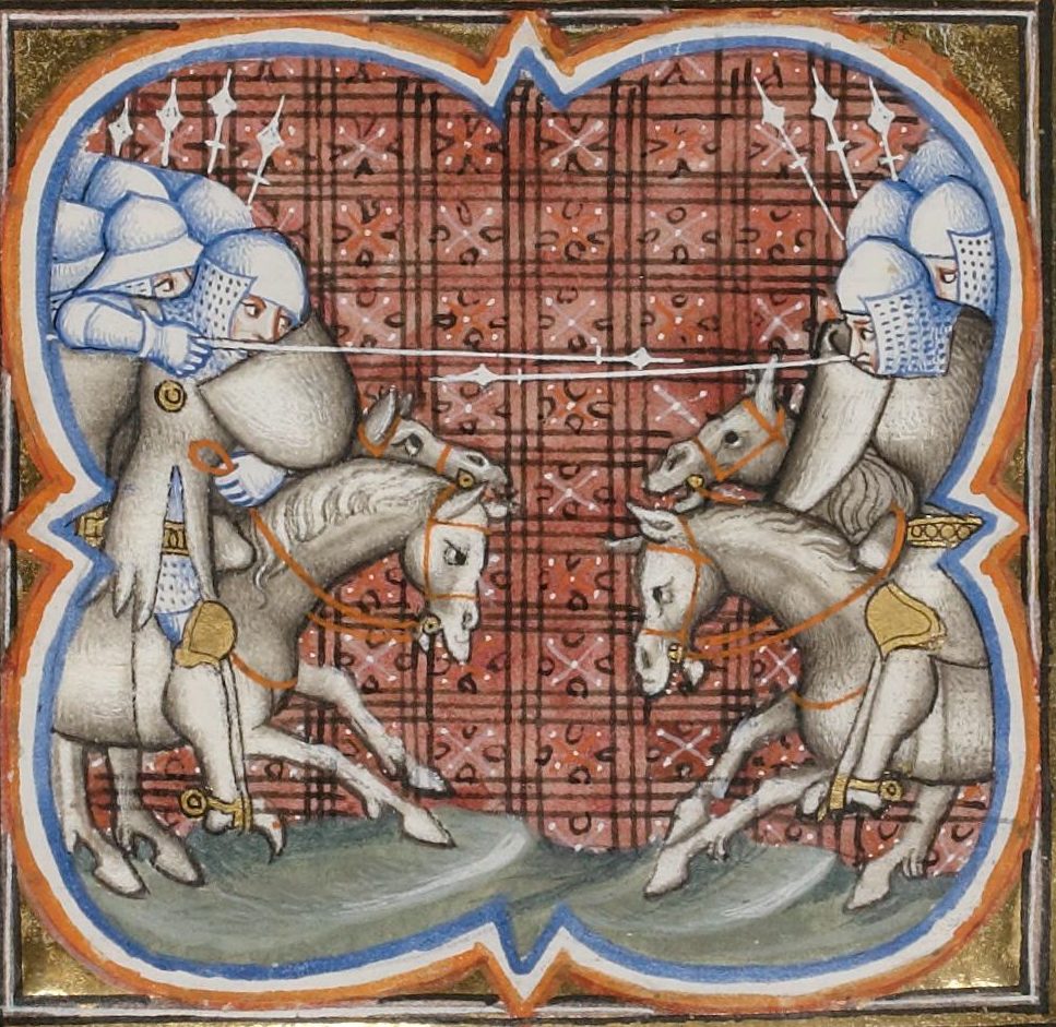 A Gothic manuscript miniature of two mounted knights charging each other with lances within a quatrefoil frame on a patterned ground.