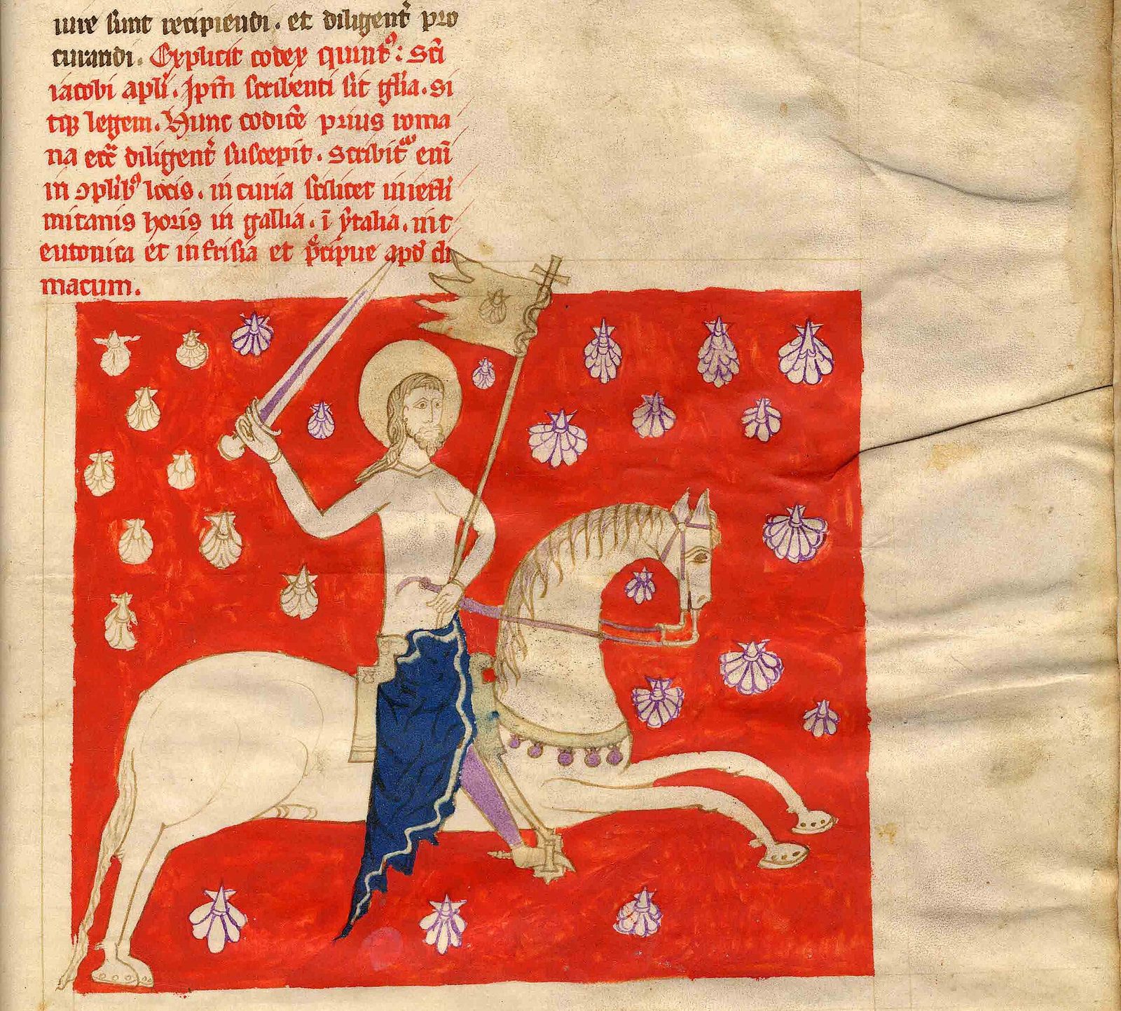 A manuscript page with a painted panel of a crowned rider in a blue tunic on a white horse, sword raised, against a red ground scattered with shells.