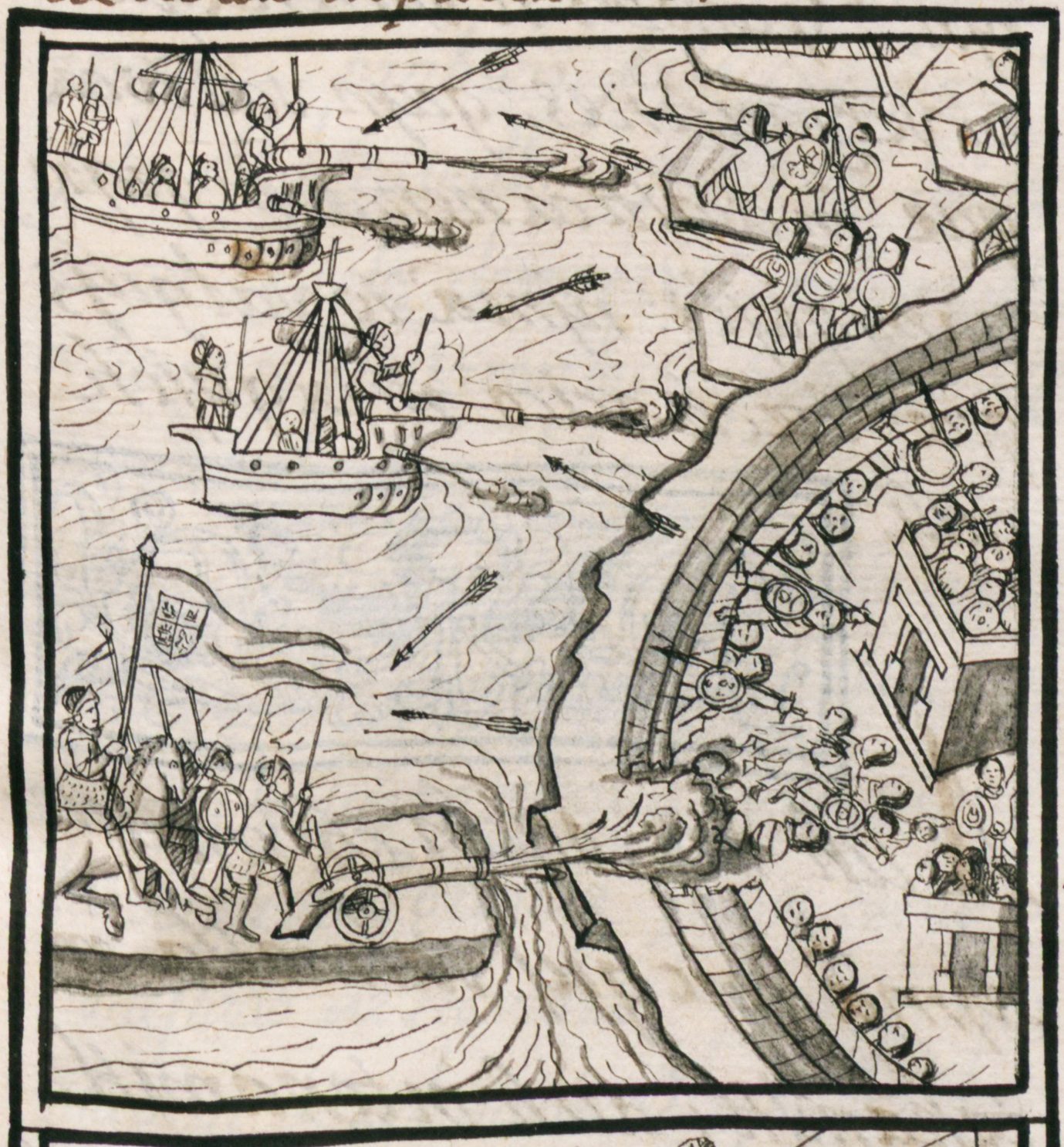 A pen drawing of sailing ships firing cannon at canoes and a walled causeway.