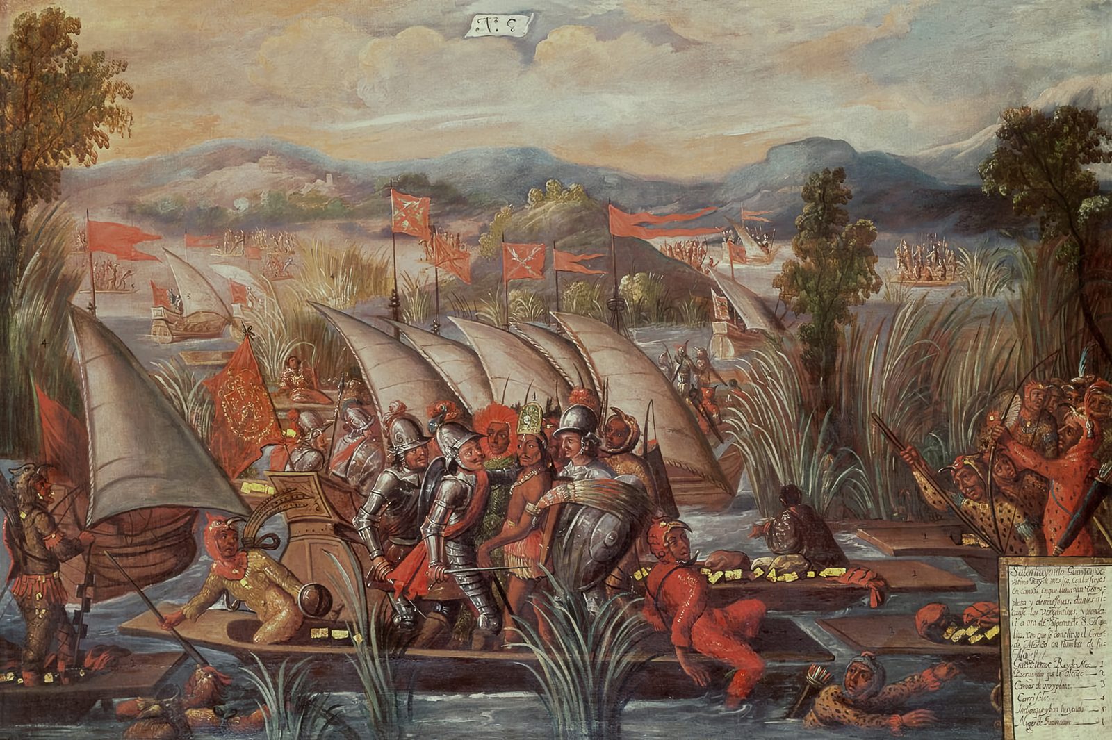 An oil painting of Spanish soldiers in a sailing boat seizing a figure from a canoe among reeds.