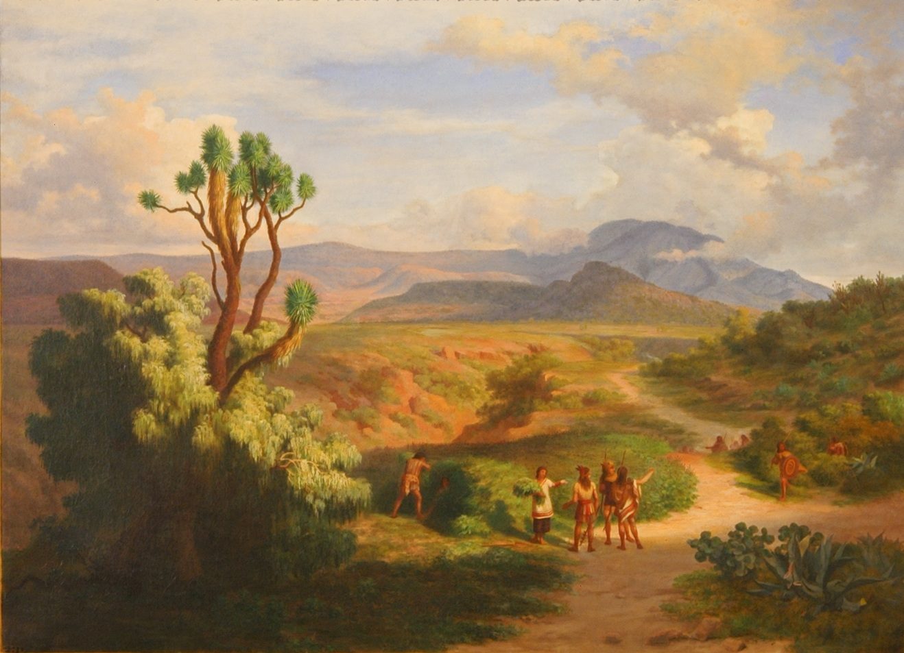 A landscape painting of a dry valley with a path, a small group of men walking among cactus and scrub.