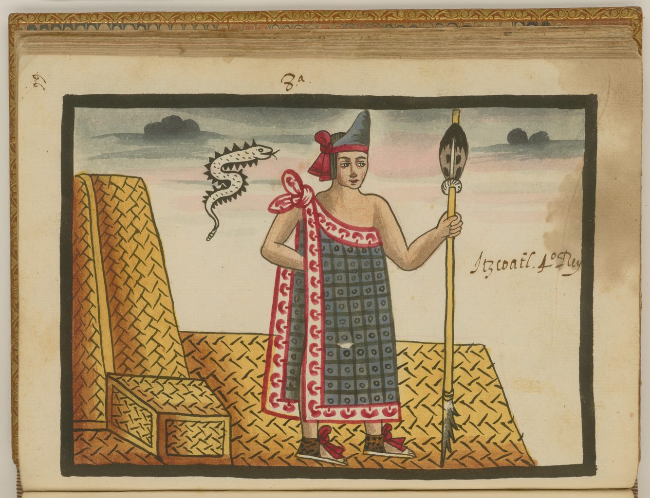 A painted book page of a king in a patterned cloak holding a staff beside a woven throne.