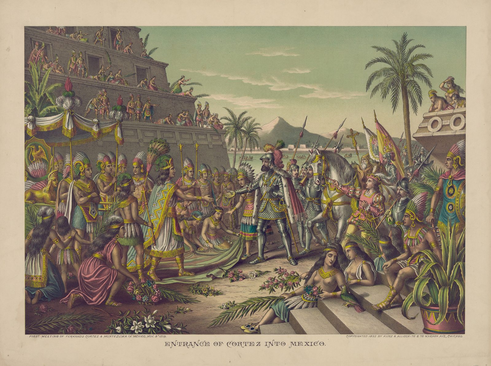 A coloured print of a crowd of Aztec nobles and Spanish soldiers meeting before a stepped pyramid.