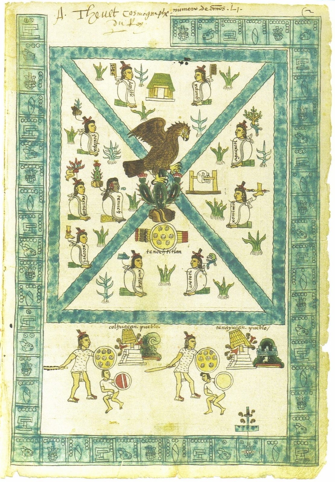 A painted codex page: an eagle on a cactus at the centre of a square divided by blue channels, seated founders around it and conquest scenes below.