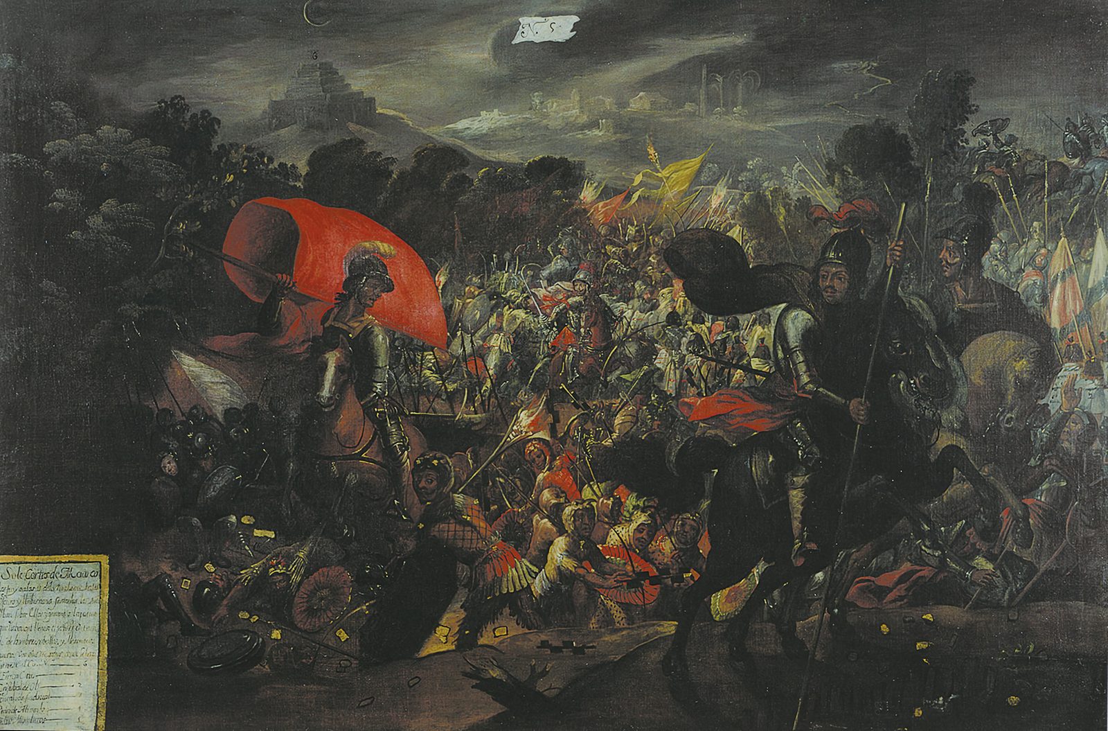 A dark oil painting of soldiers and horses struggling on a causeway amid warriors in canoes.