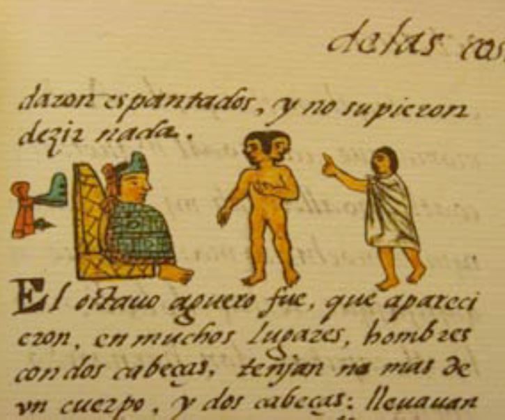 A manuscript page with a seated ruler facing a two-headed figure brought before him, above Spanish text.