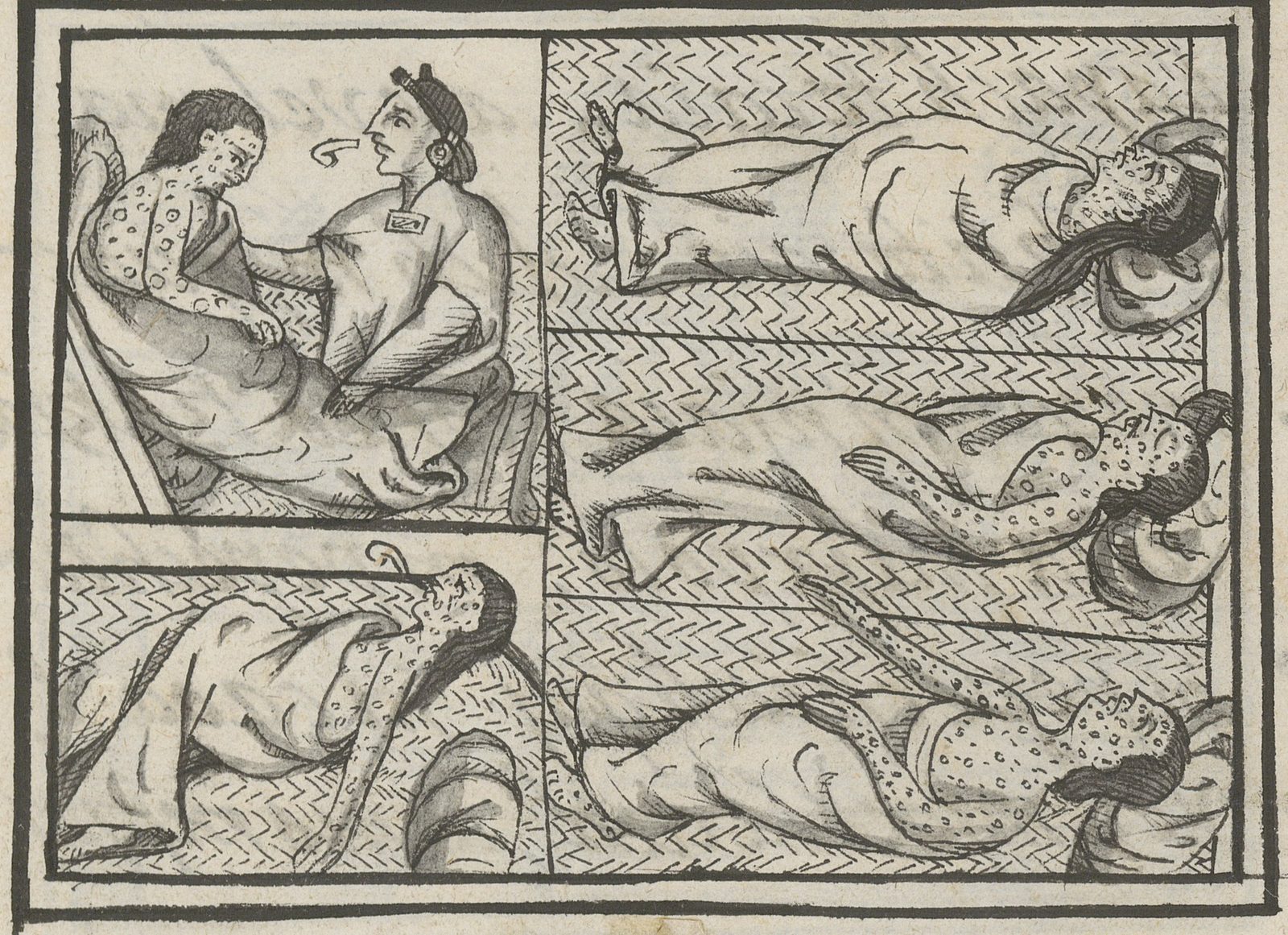 A drawing of figures covered in spots lying wrapped on mats, one tended by a healer.
