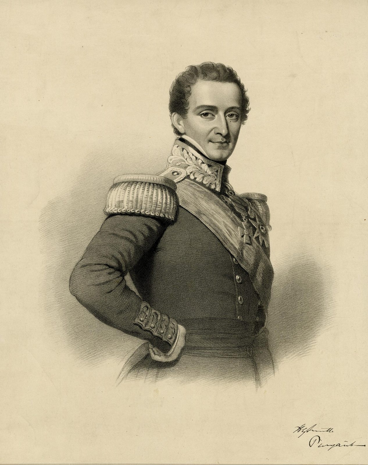 A lithograph of an officer in a gold-laced uniform with epaulettes, medals and a sash, one hand on his hip.