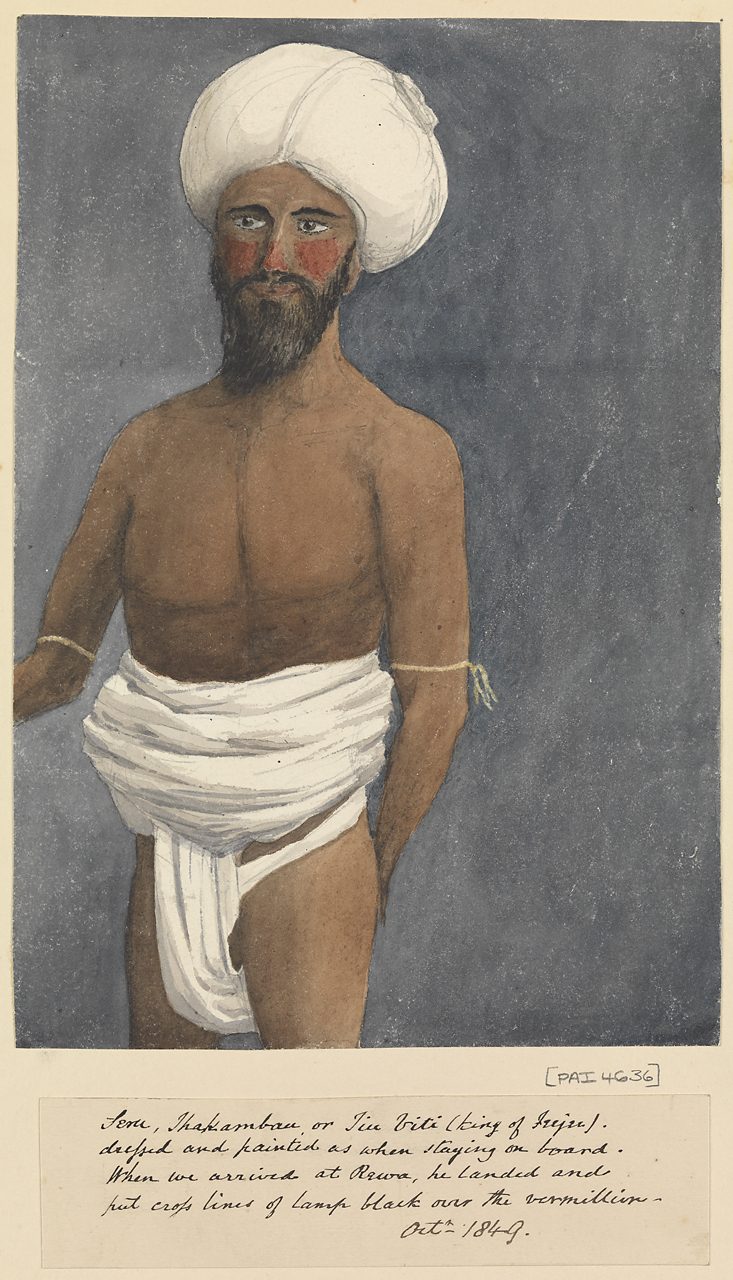 A watercolour of a bearded man in a large white turban and white loincloth, his face painted red and black.