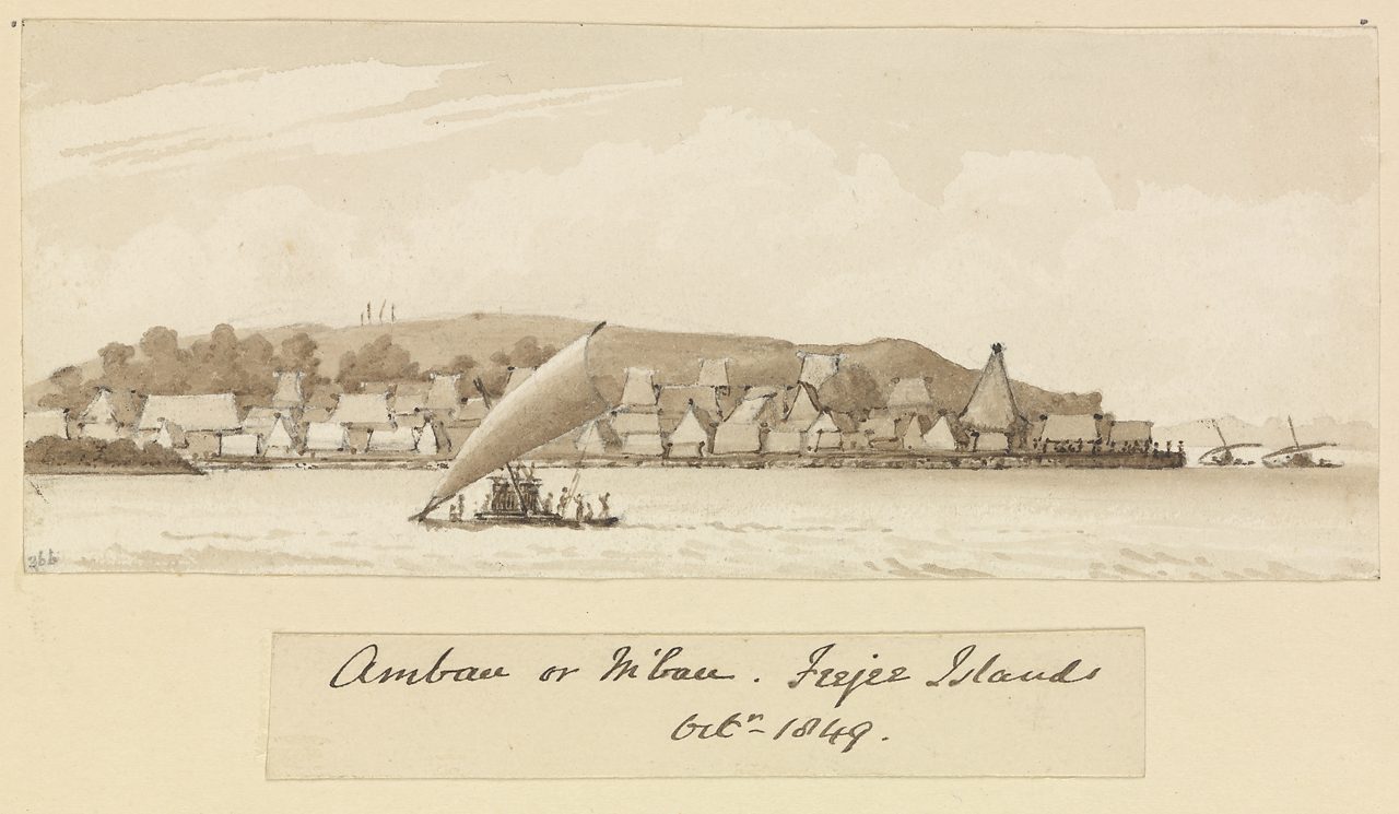 A sepia drawing of a small island crowded with thatched houses and a tall temple, a sailing canoe in front.