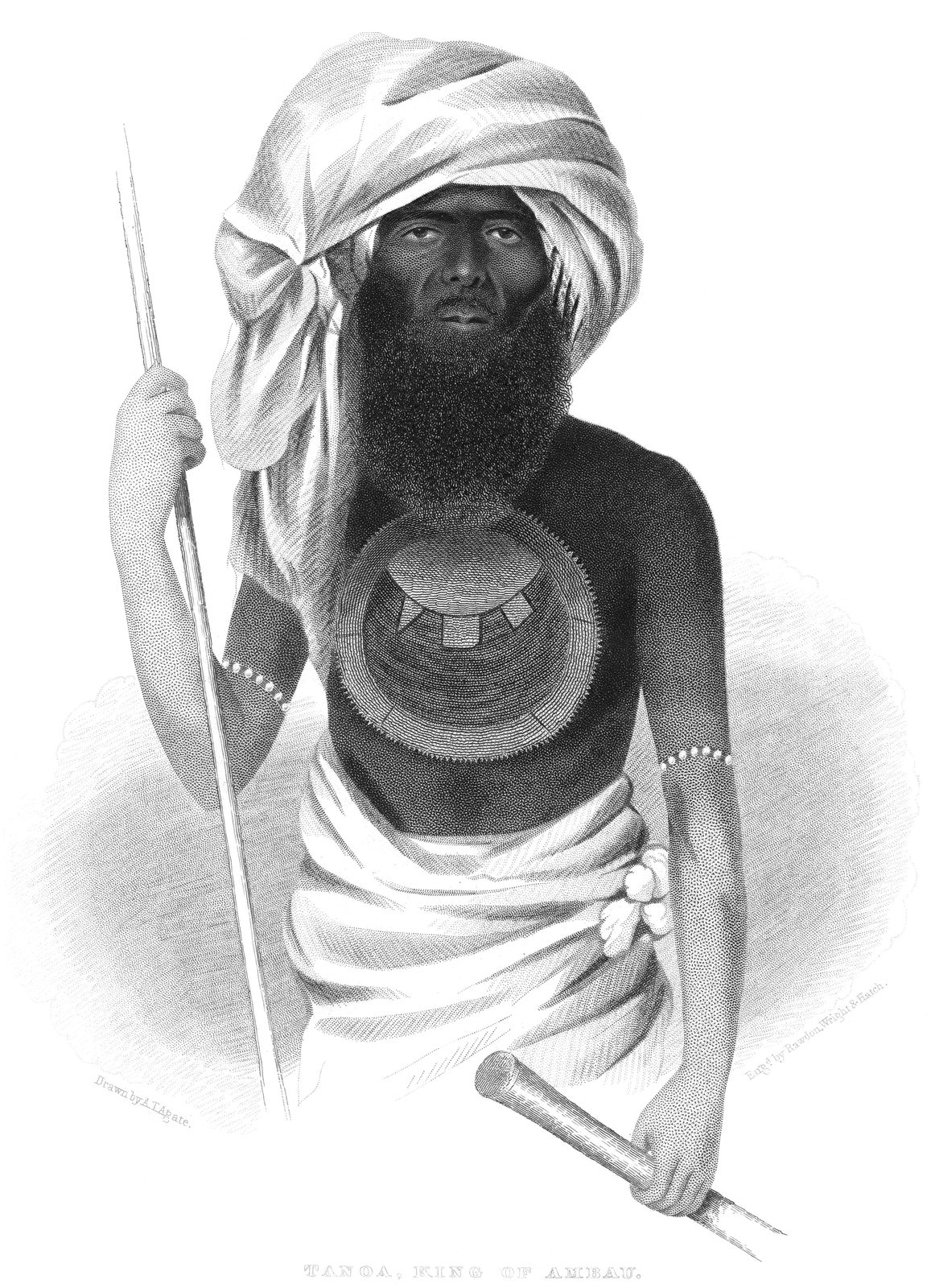 An engraving of a bearded man in a white turban and loincloth, holding a spear and club, a large shell breastplate on his chest.