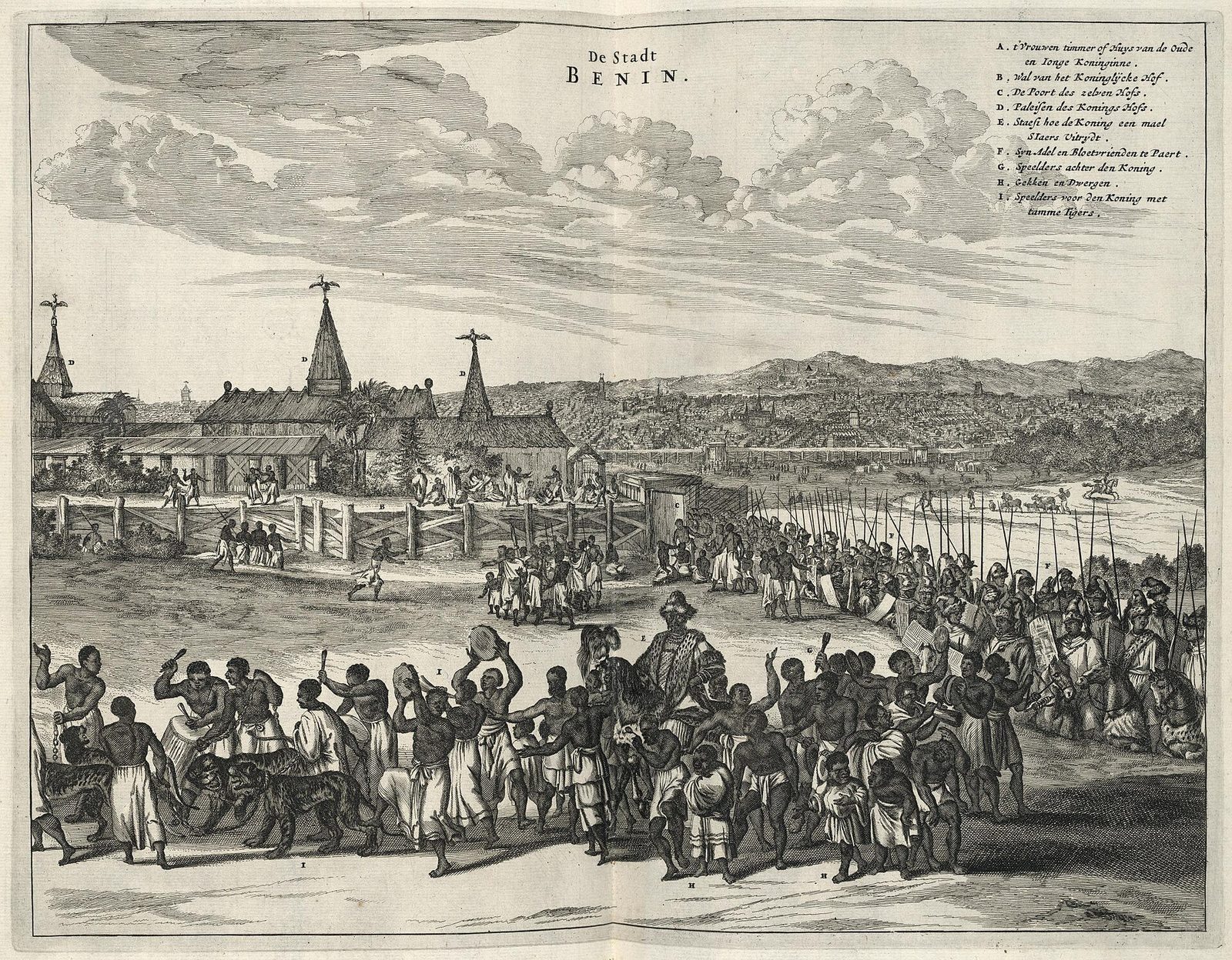 An engraving of a long walled palace with spired roofs, and in front a procession of a mounted king with attendants, musicians and leopards.