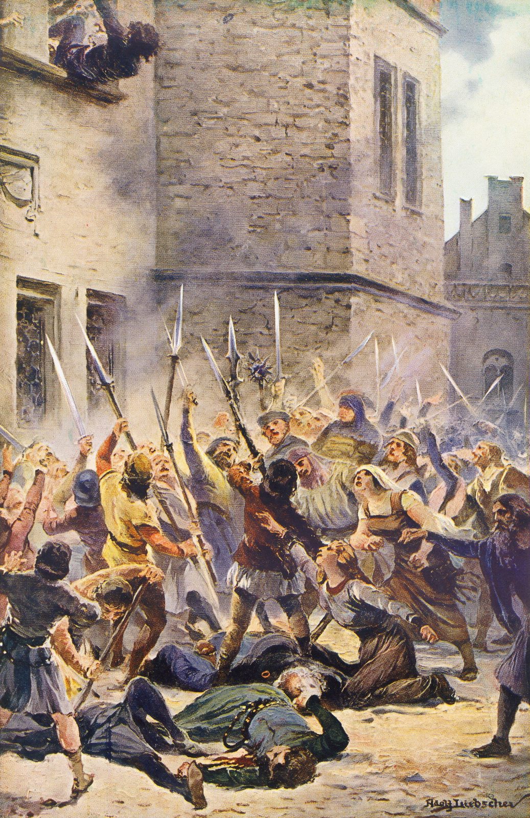 A painting of a crowd armed with pikes and flails throwing men from the windows of a town hall.