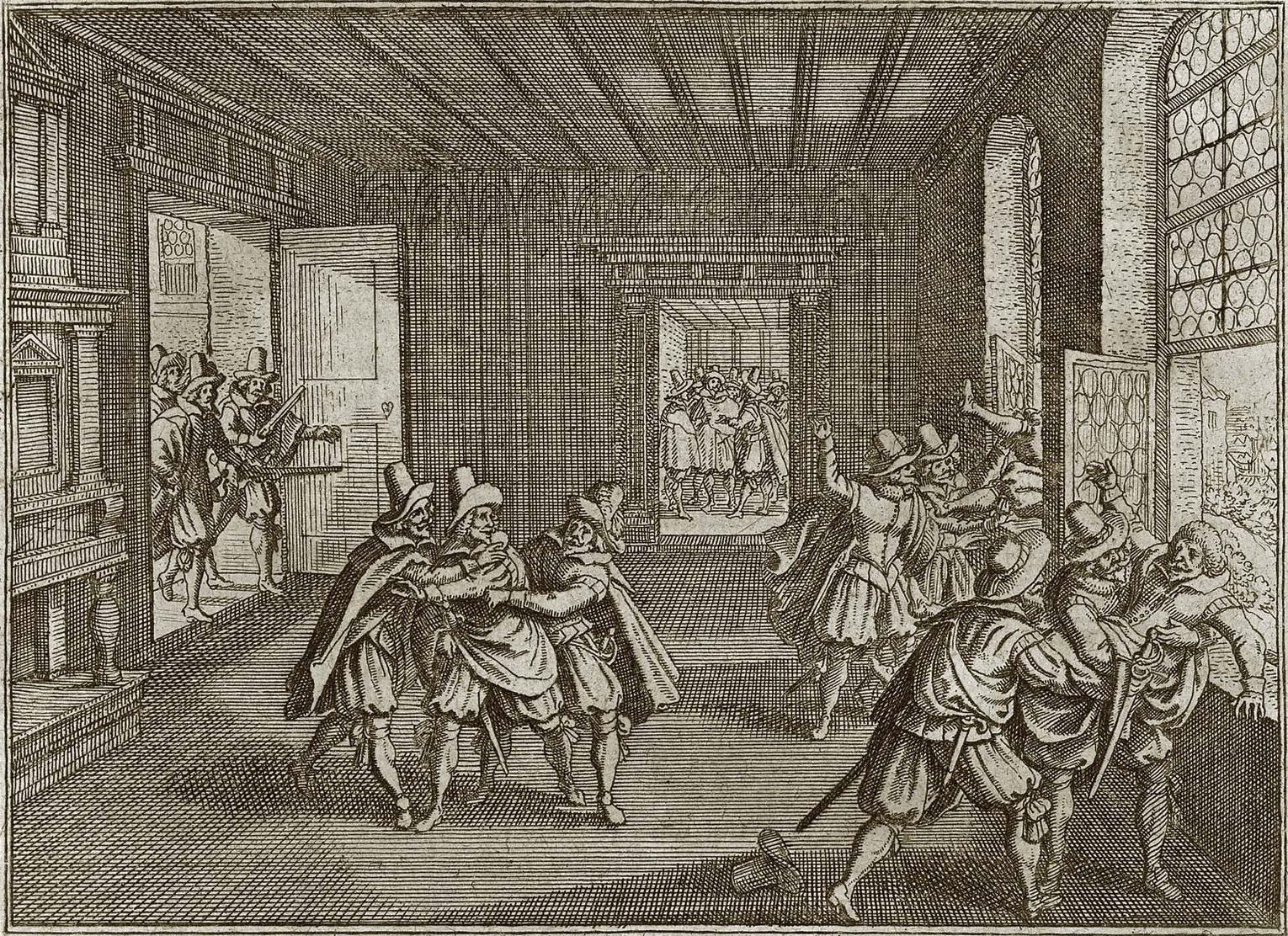 An engraving of men in a council chamber seizing two others and pushing them towards an open window.