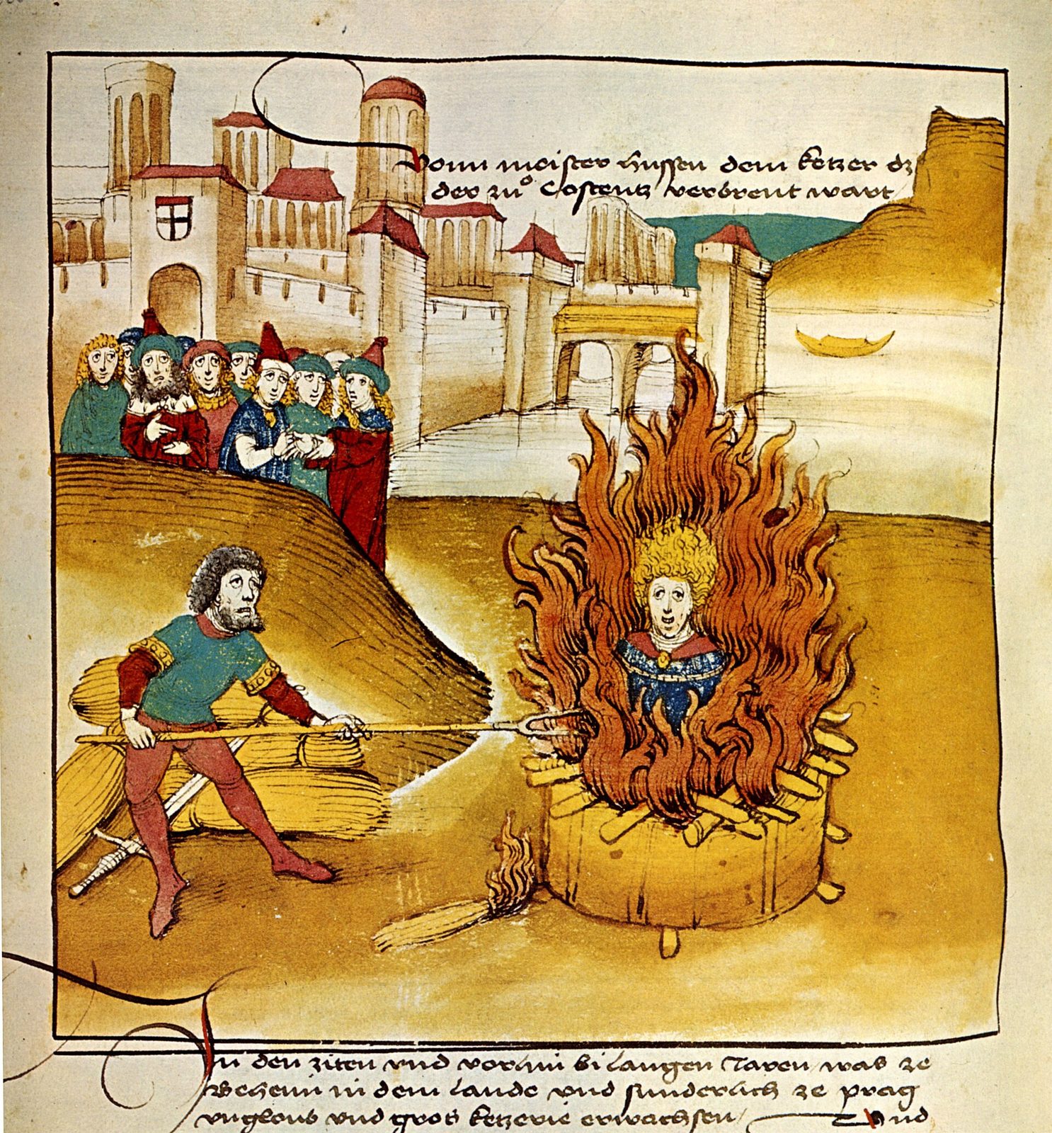 A manuscript drawing of a man burning at the stake while an executioner stokes the fire before a walled city.