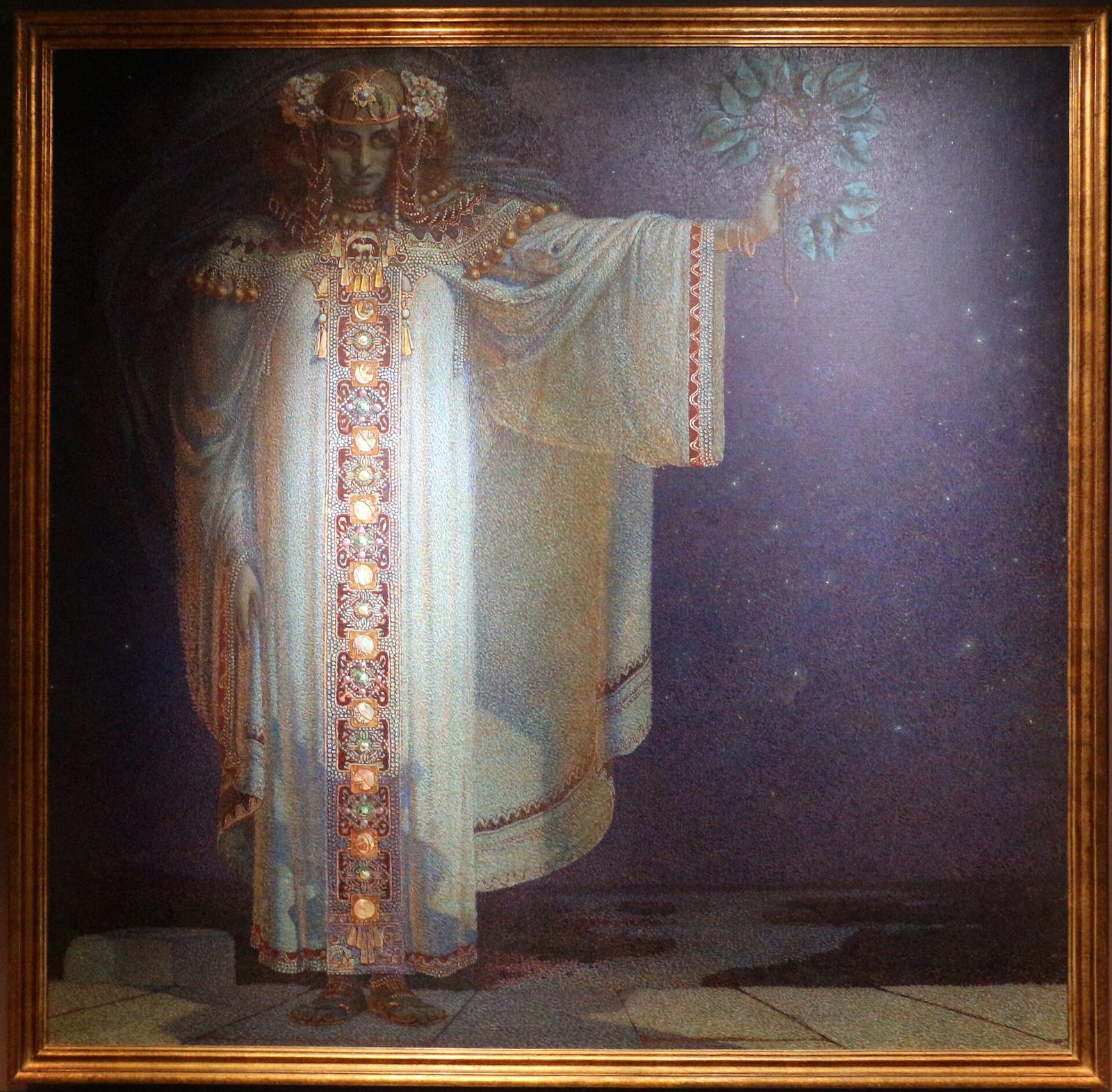 A painting of a crowned woman in a long white robe with a raised arm, against a starry dark background.