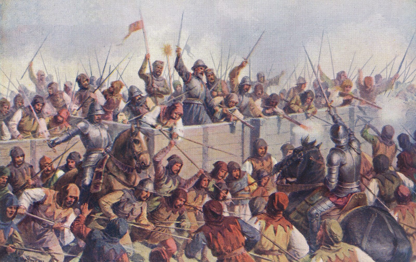 A painting of a fierce battle around a wagon fort, cavalry charging into infantry with flails and pikes.