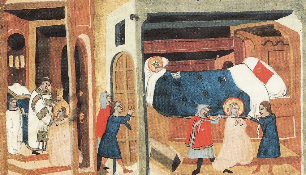 A manuscript miniature of men strangling a woman on her bed while a child and a priest look on.