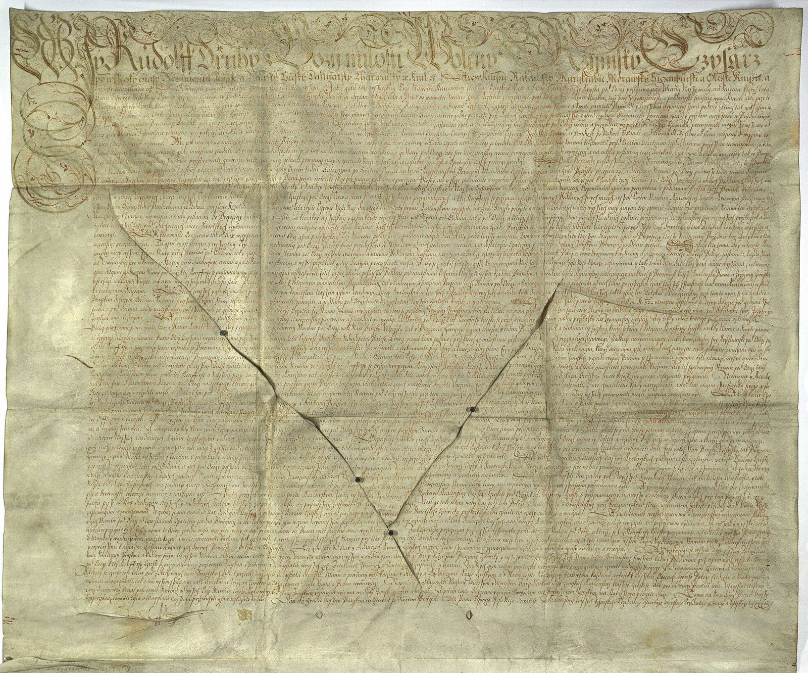 A large folded parchment charter covered in dense script, with an ornamented heading.