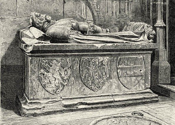 An engraving of a stone tomb chest carved with heraldic shields, an armoured effigy lying on top.