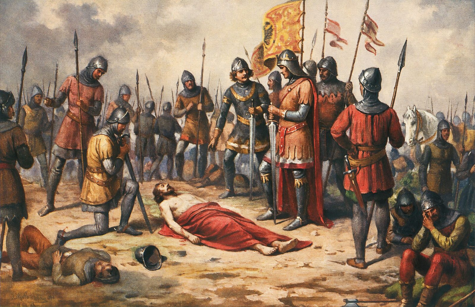 A painting of armoured knights standing around the body of a king in red lying on the battlefield.