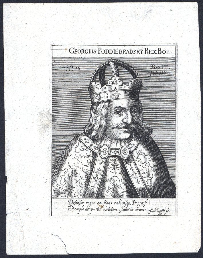 An engraved portrait of a king in a crown and ermine collar with a moustache, under a Latin heading.