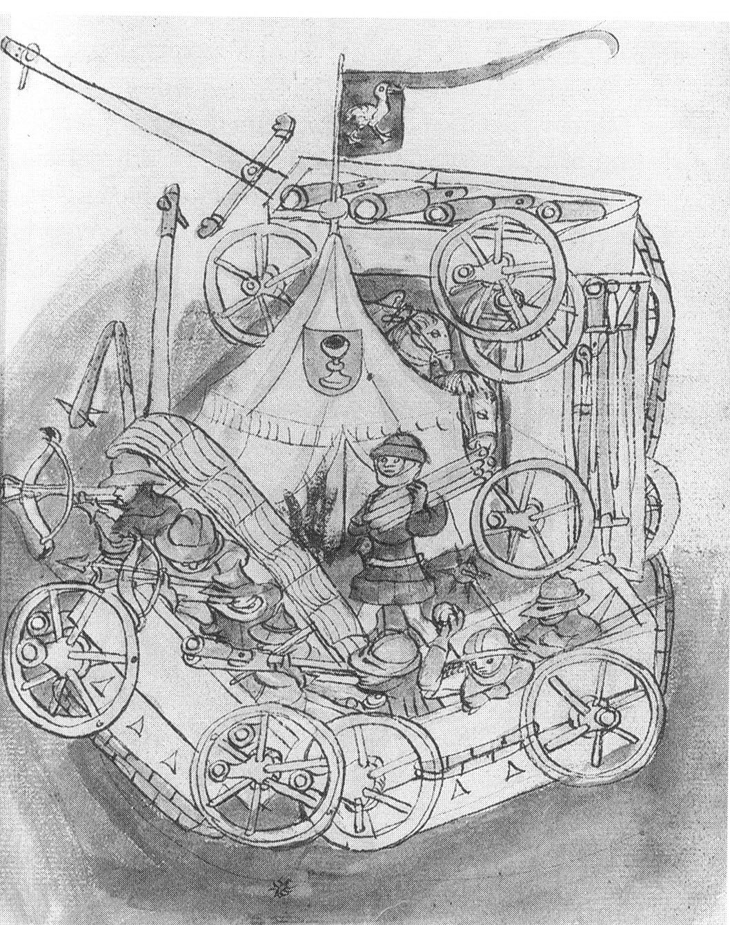 A drawing of armoured wagons chained together in a ring, with gunners between them.