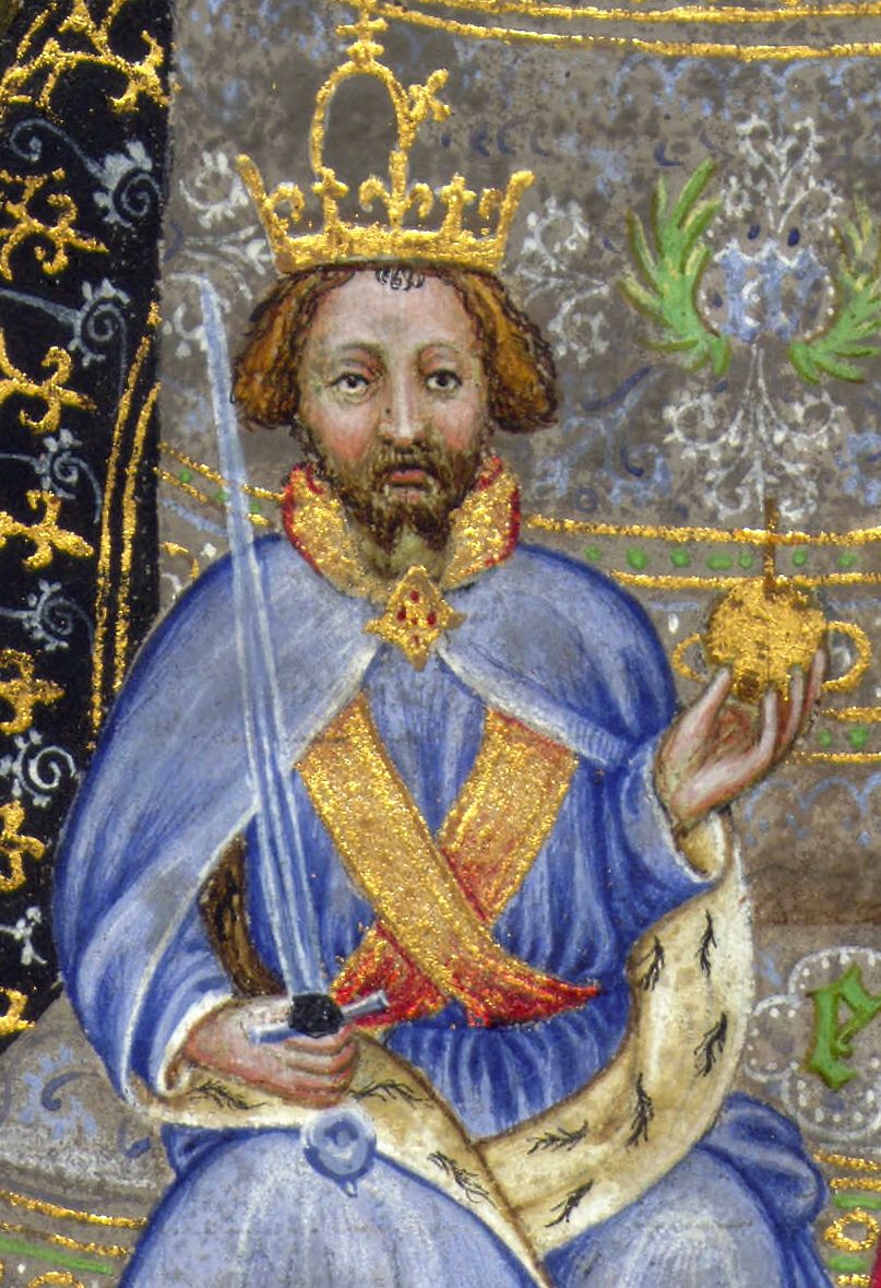 A manuscript miniature of a crowned king enthroned in blue robes, holding a sword and orb.