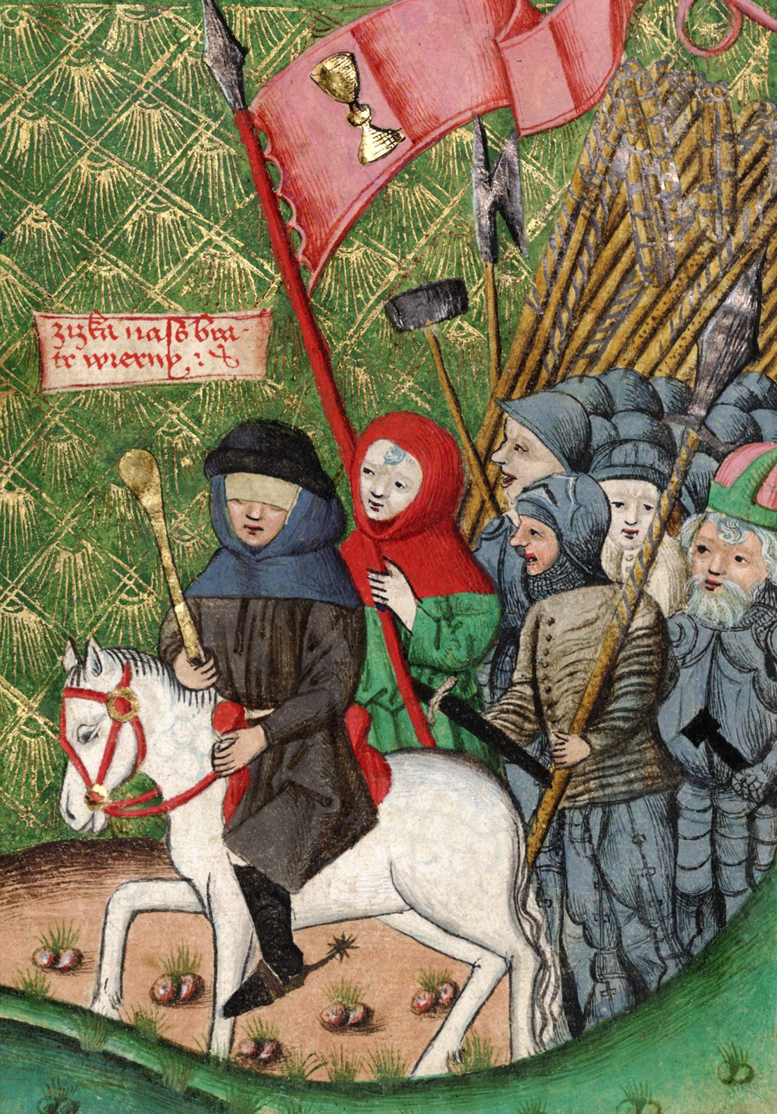 A manuscript miniature of a blind old man in black on a white horse leading armed men under a red banner with a chalice.