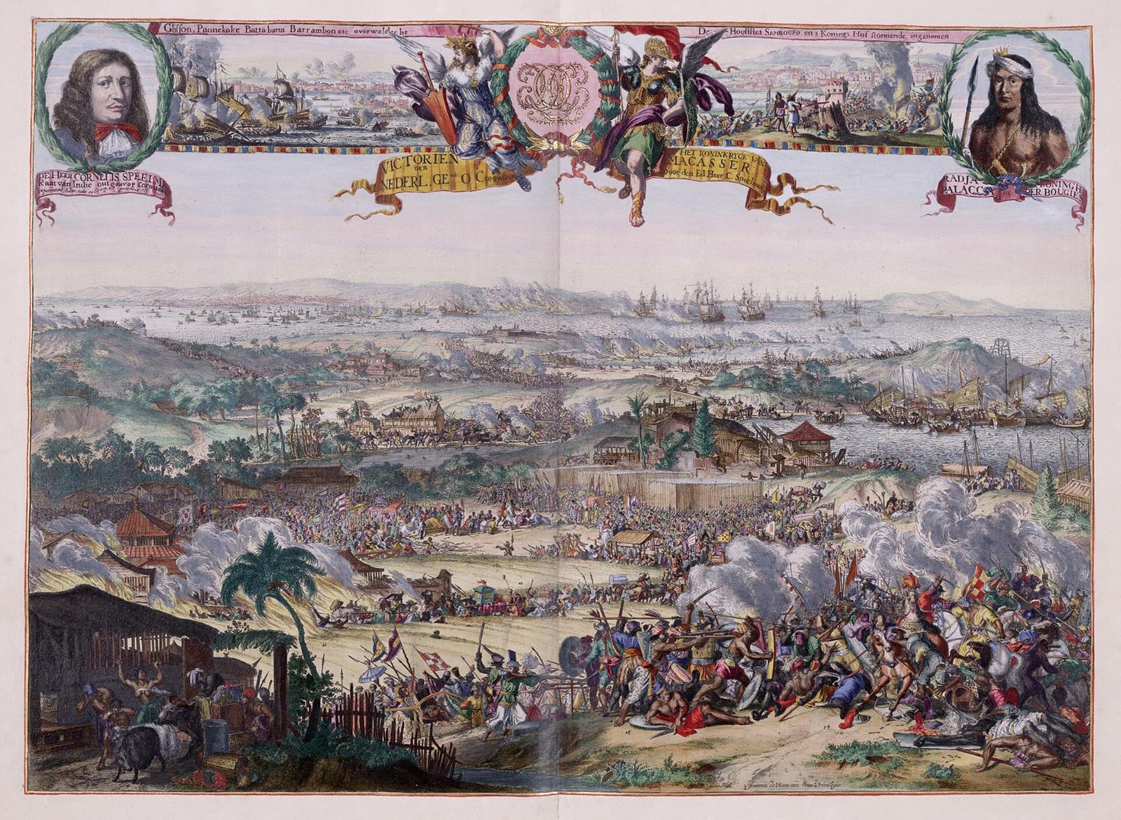 A crowded engraved battle panorama: fortified towns, burning ships and armies clashing across a wide landscape, with portrait medallions of the commanders in the decorated border above.
