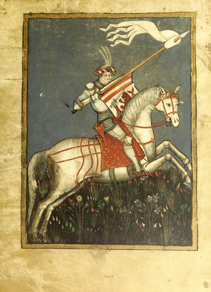 A manuscript miniature of an armoured knight on a rearing white horse, carrying a lance with a pennant and a red-and-white shield.