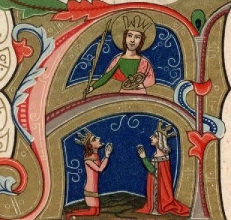 An illuminated initial in which a crowned king and queen kneel in prayer below a crowned female saint holding a wheel.