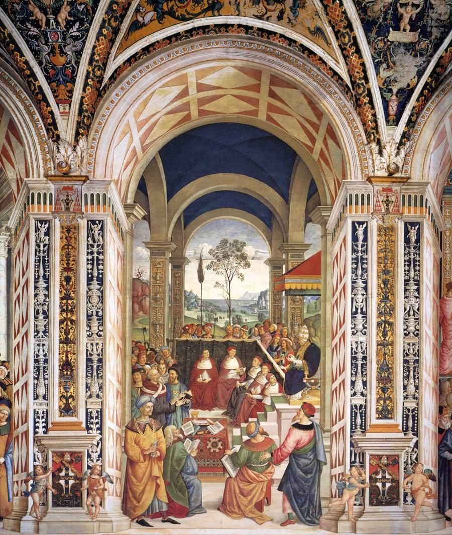 A fresco of a pope enthroned under a canopy addressing an assembly of clergy and princes, framed by painted arches.