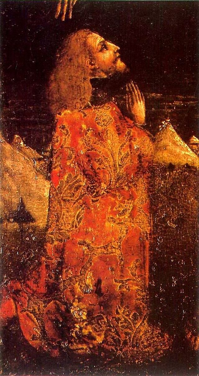 A painting of a kneeling young man in a red robe with his hands raised in prayer.