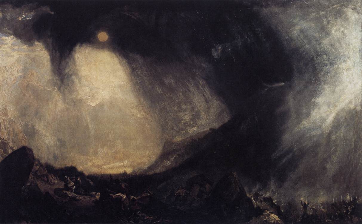 A dark swirling painting of a snowstorm sweeping over a mountain valley, a dim sun above and tiny figures below.