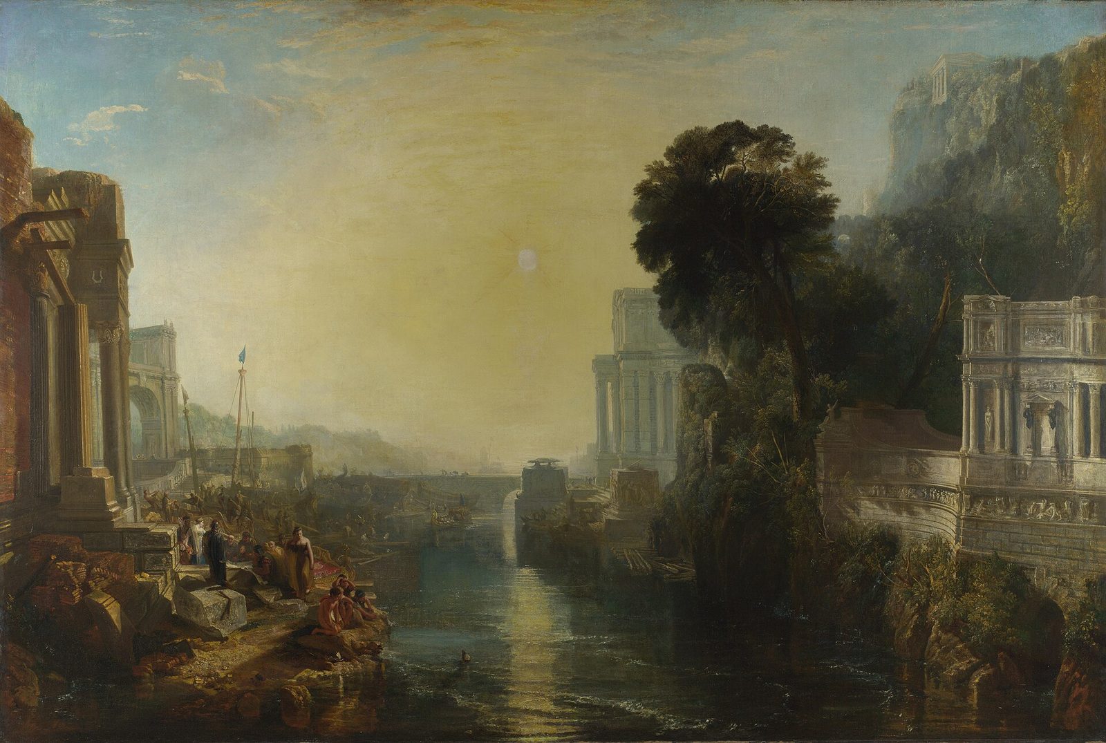 A golden misty painting of a harbour city of classical buildings beside a river, a queen with attendants on the left bank.