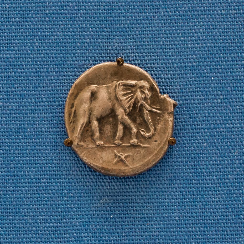 One face of a silver coin showing an elephant walking, pinned to blue cloth.