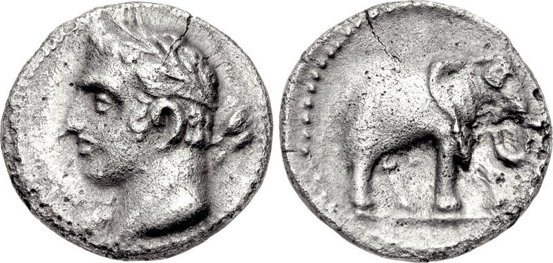 Both faces of a silver coin: a laureate male head, and an elephant walking.
