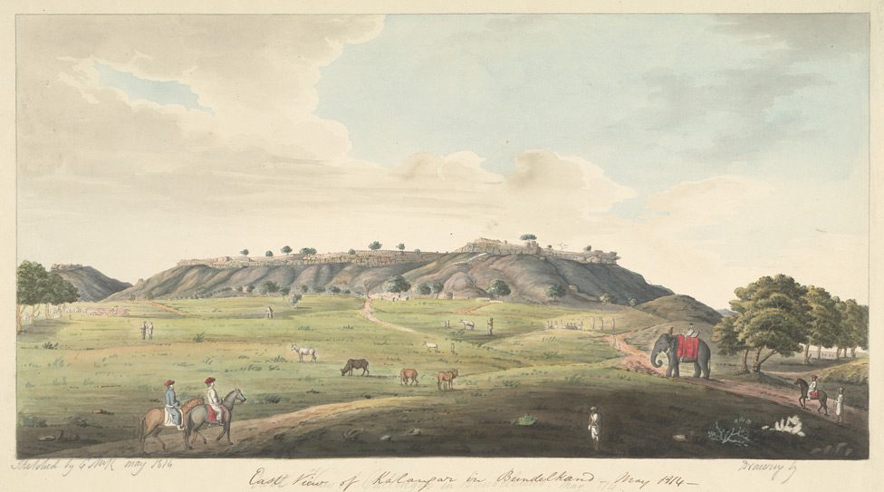 A watercolour of a long flat-topped fortified hill above a plain with riders and an elephant.