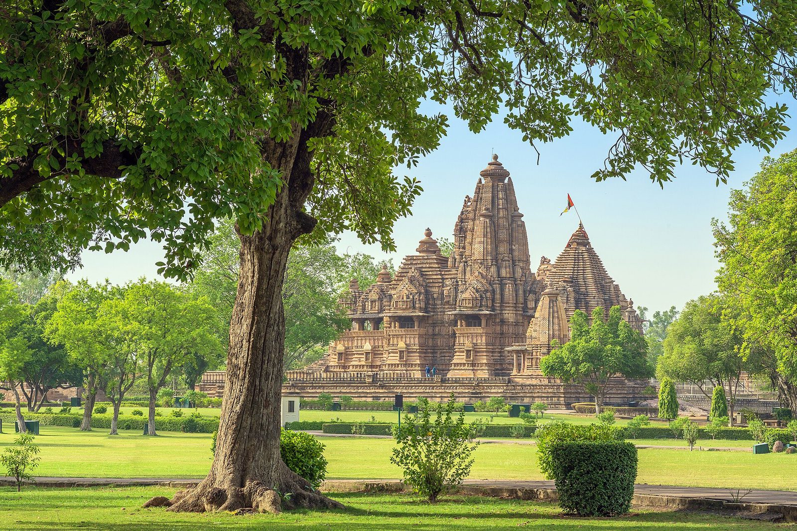 A many-spired sandstone temple on a high platform, framed by a tree and lawns.