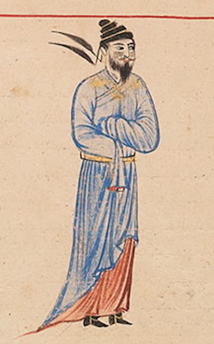 A painting of a standing bearded man in a blue robe and a black cap with long ribbons.