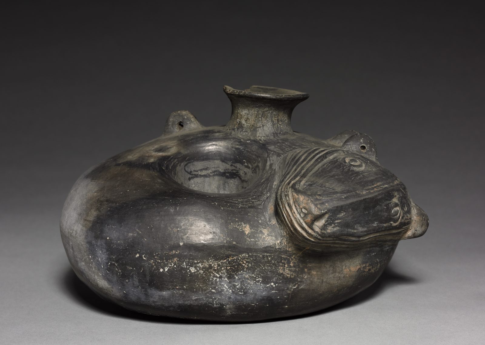A black ceramic vessel shaped as a crouching animal, perhaps a frog, with a short spout on its back.