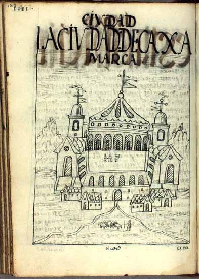 A manuscript drawing of a town with a domed church and towers, titled the city of Cajamarca.