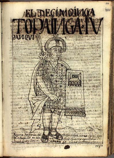 A manuscript drawing of an Inca ruler in a patterned tunic holding a feathered staff and a shield.