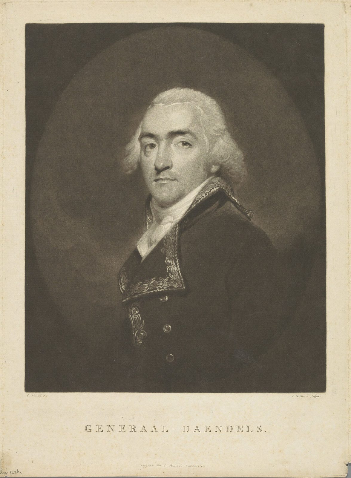 An engraved portrait of a man in a high-collared coat with a white cravat and powdered hair, within an oval, lettered beneath "Generaal Daendels".