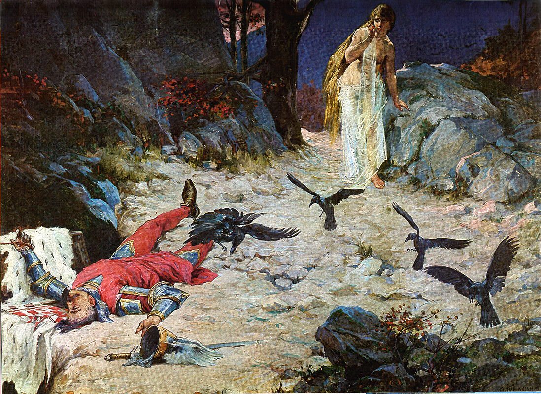 A painting of a dead king in red lying among rocks with ravens around him and a pale woman standing over him.