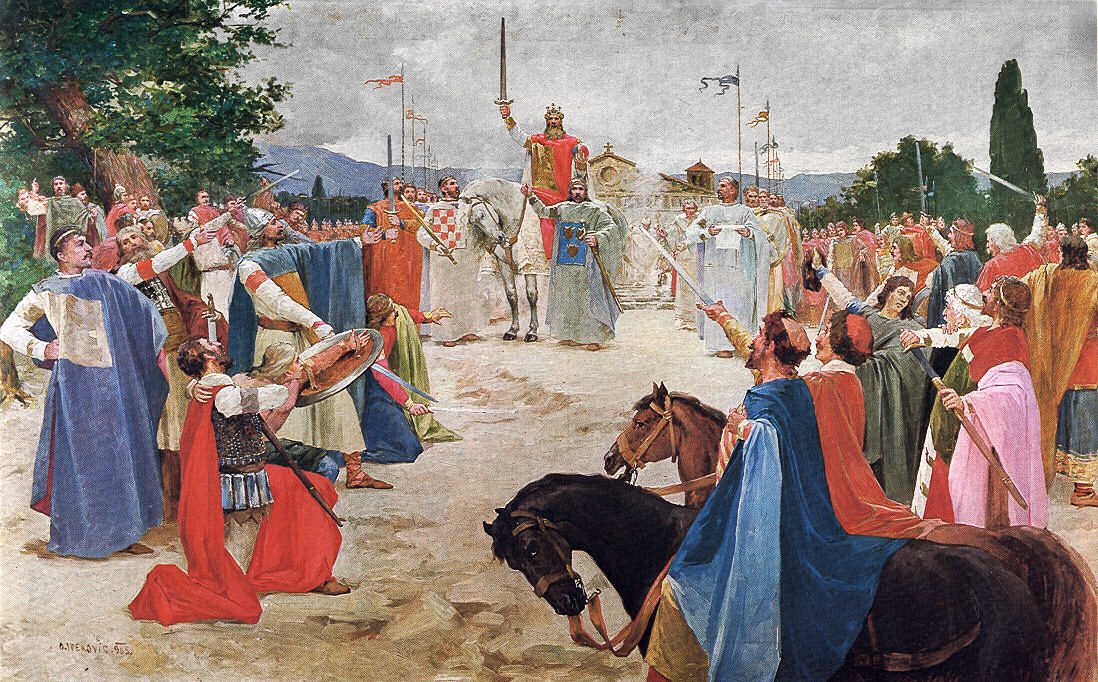 A painting of a crowned king on horseback raising a sword, acclaimed by a crowd of nobles and clergy with banners.