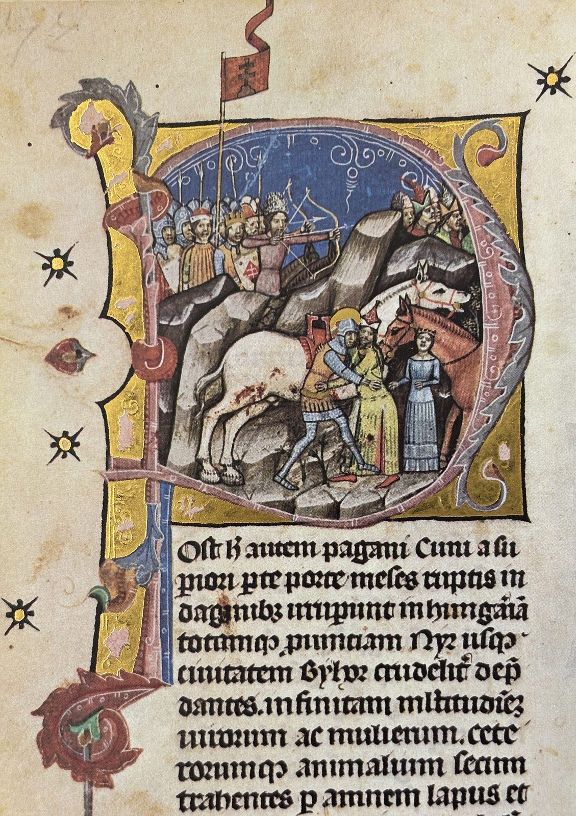 An illuminated initial in which a haloed knight grapples a warrior on foot while a crowned girl watches, horsemen in the hills behind.